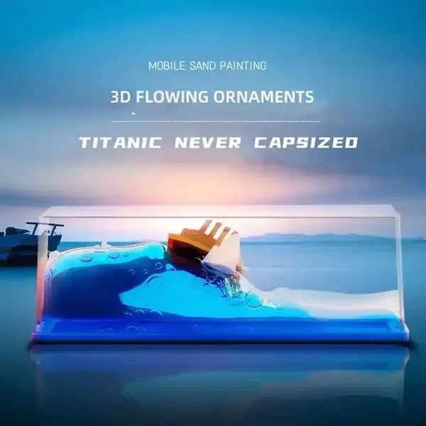 A 3D flowing ornament of a ship, painted in blue and white, displayed on a glass surface.