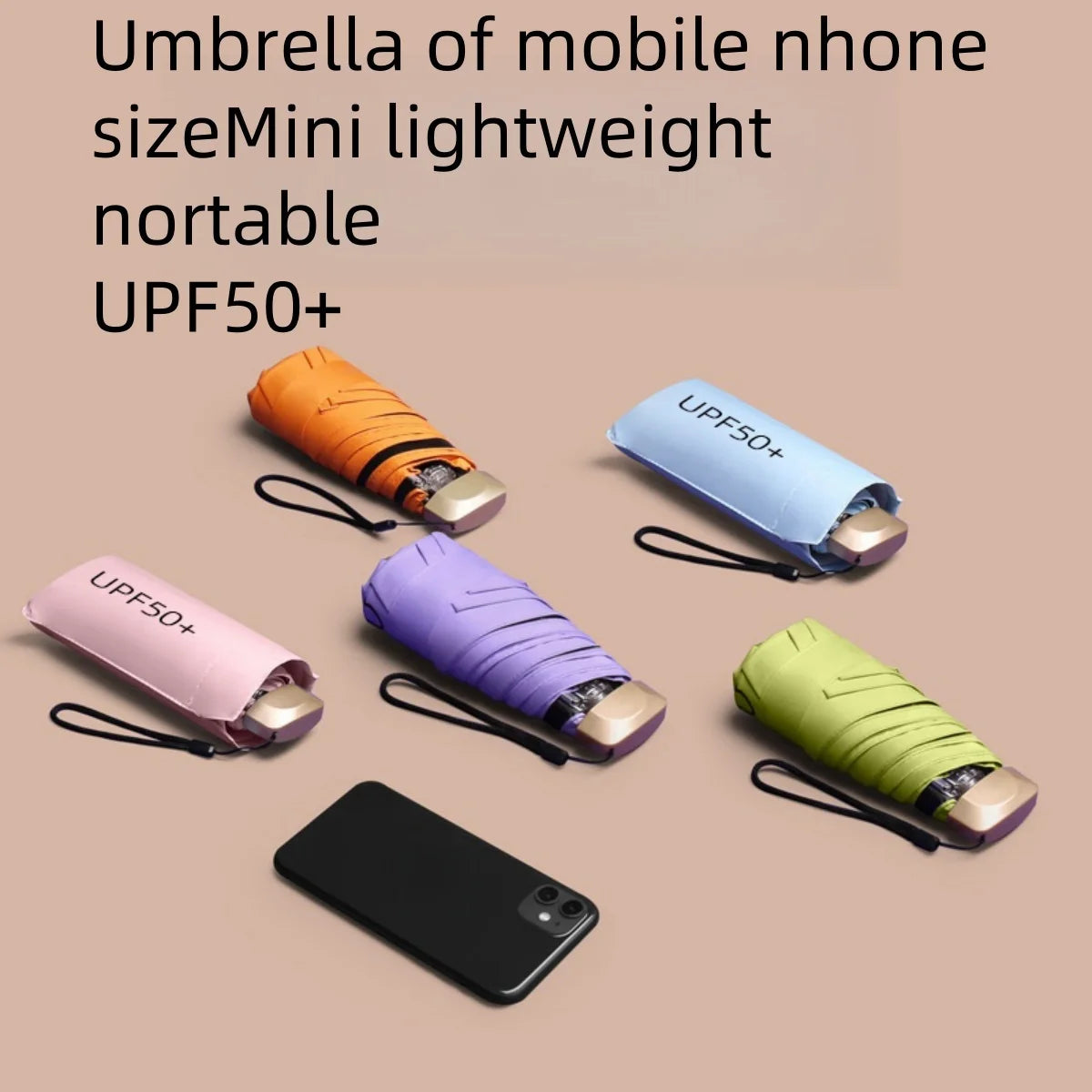 Various colored umbrellas designed for mobile phones, including orange, blue, purple, and green.