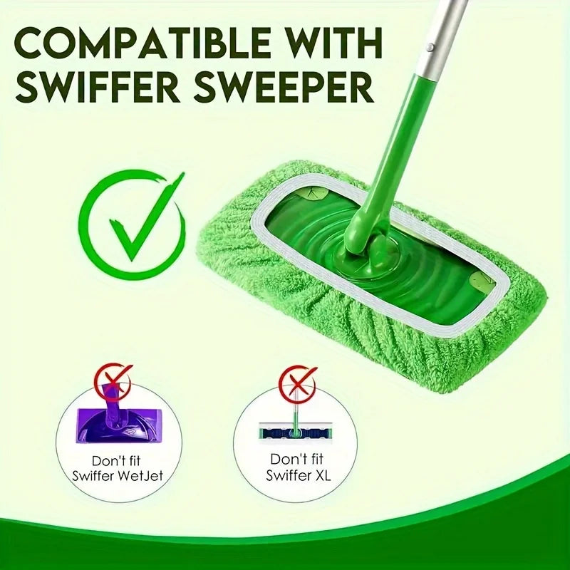 A green reusable mop replacement cloth with a handle, compatible with Swiffer sweeper.