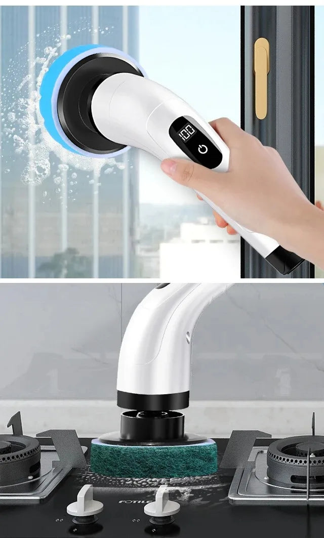 Una mano usa un cepillo eléctrico blanco con cabeza azul para limpiar una puerta de vidrio.