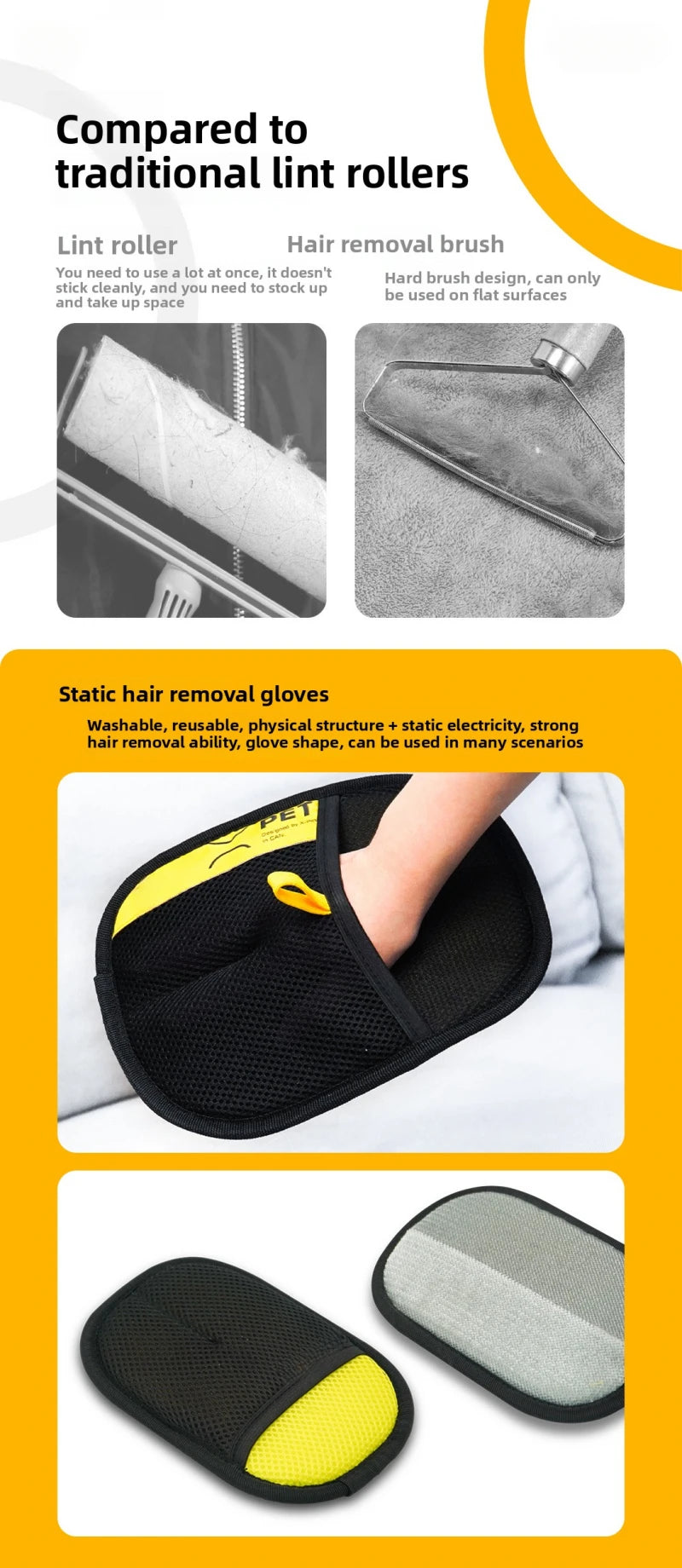 Reusable electrostatic pet hair remover gloves shown in black and yellow on a white background.
