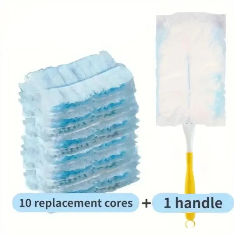 A set of ten blue and white replacement cores and one yellow handle for a reusable duster.