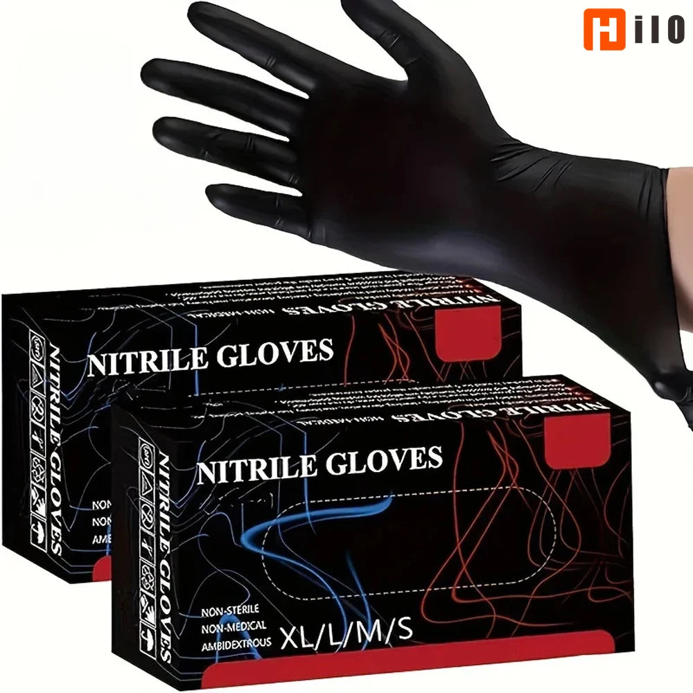 A black nitrile glove is shown next to a box of sterile nitrile gloves.