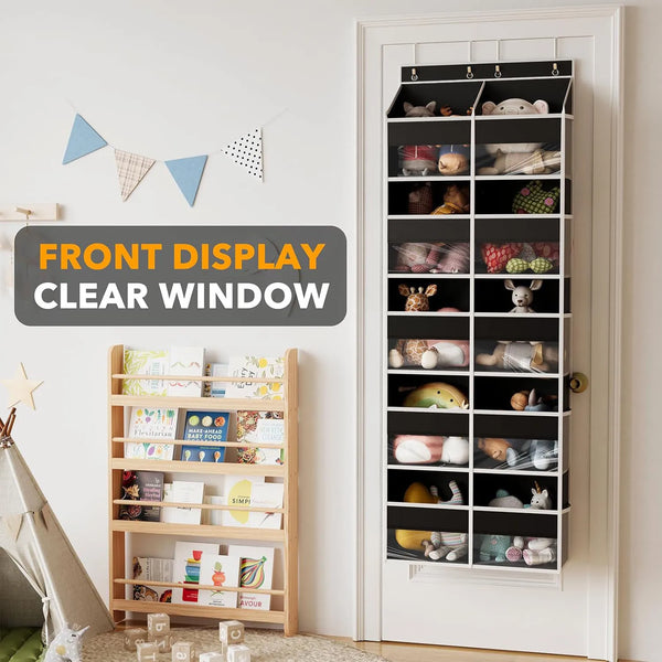 A wooden shelf display next to a white door with an over-the-door hanging storage organizer featuring multiple compartments.