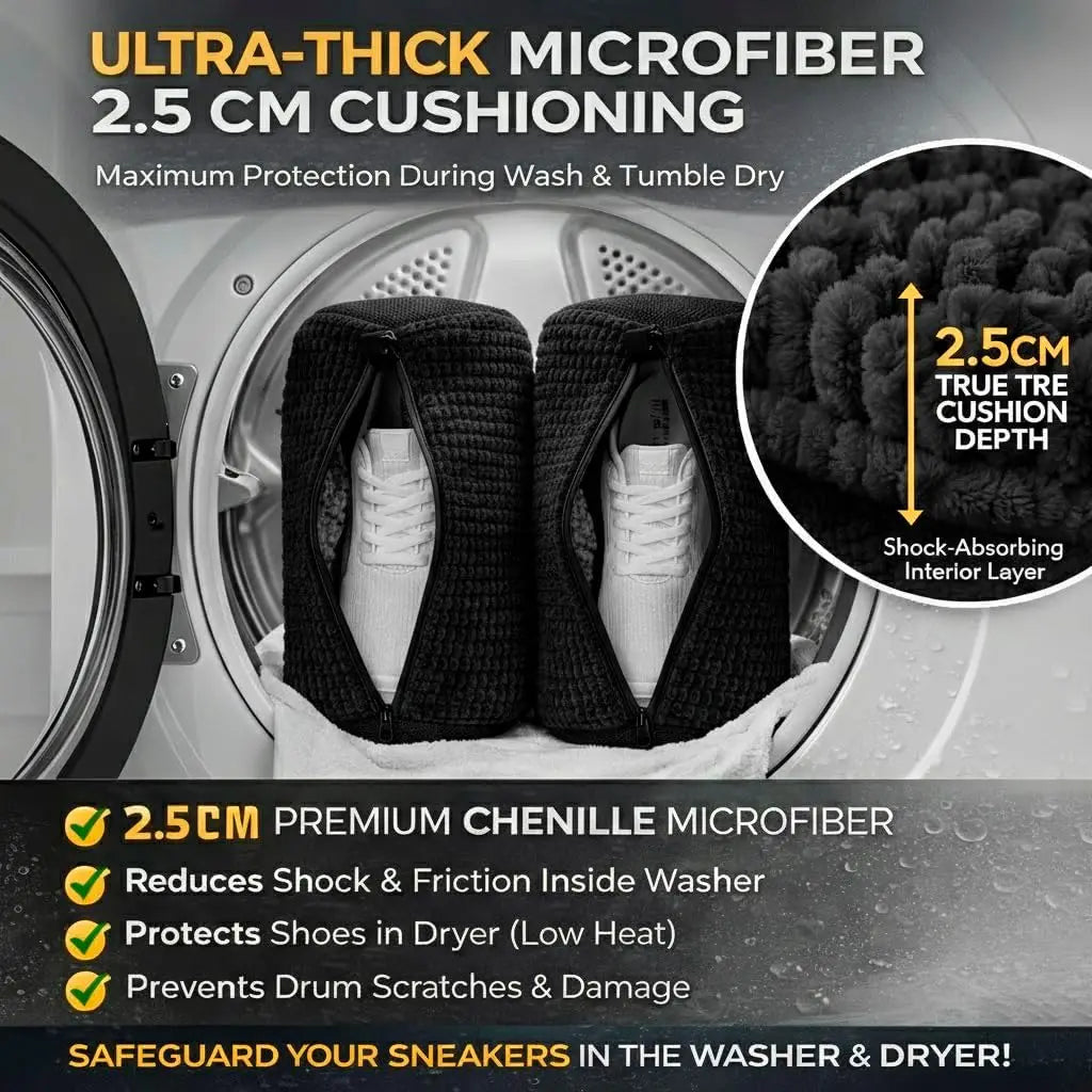 Ultra-thick microfiber shoe cushioning bags designed to protect shoes during washing and tumble drying.