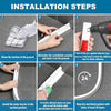 Installation steps showing how to install a silicone shower threshold water barrier strip on a ground surface.
