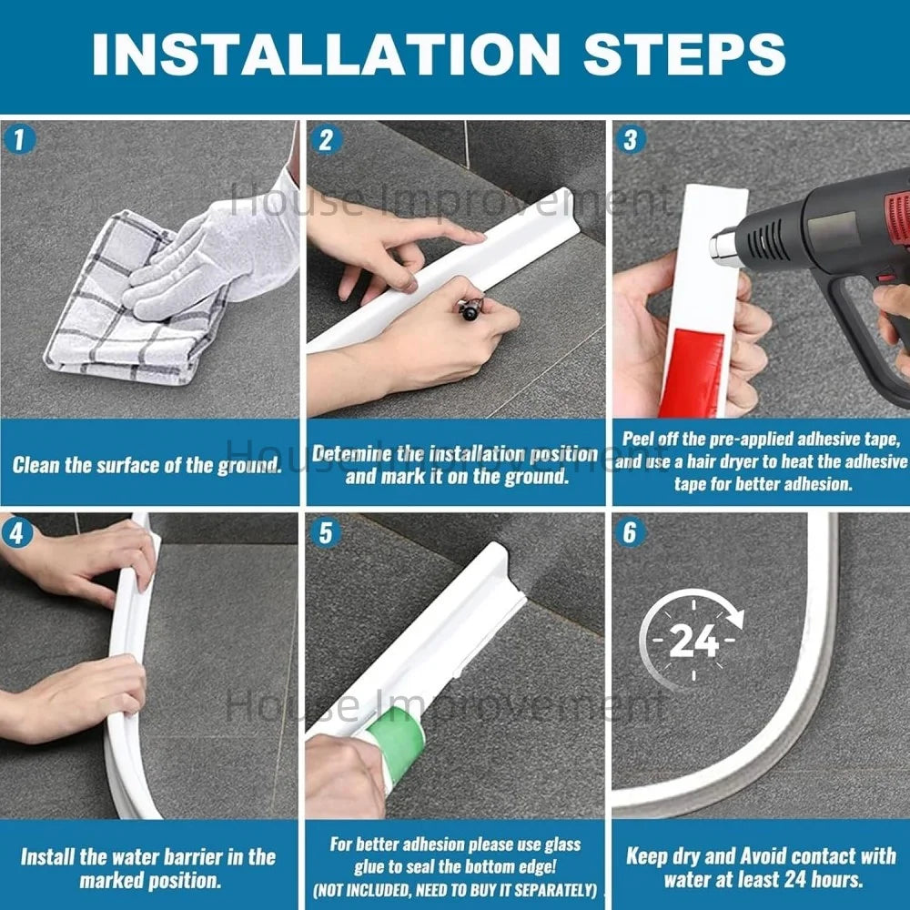 Installation steps showing how to install a silicone shower threshold water barrier strip on a ground surface.