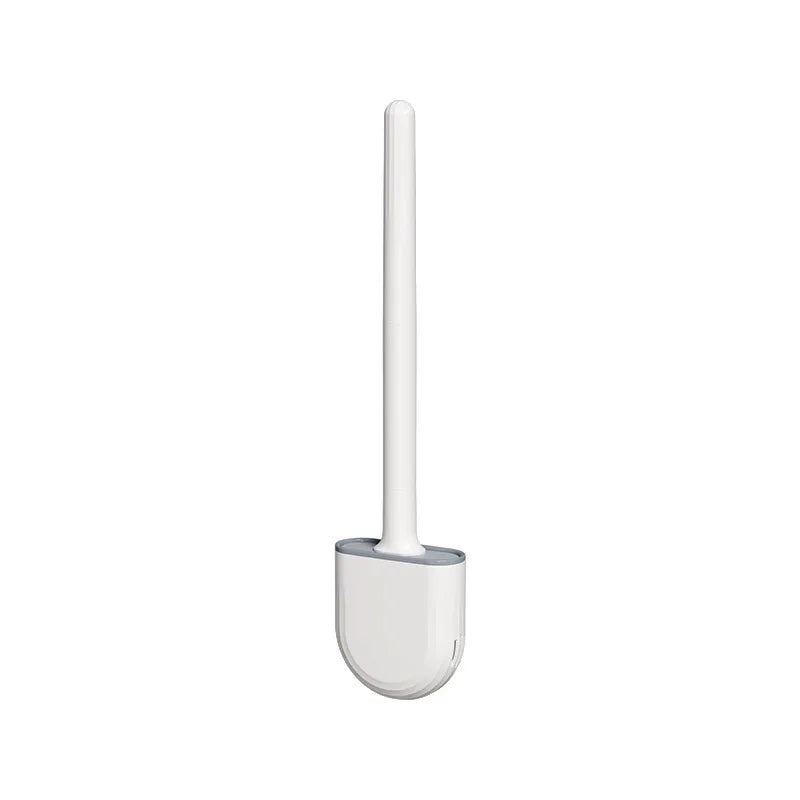 Brosse à toilettes en silicone fixée au mur blanc avec une longue poignée.