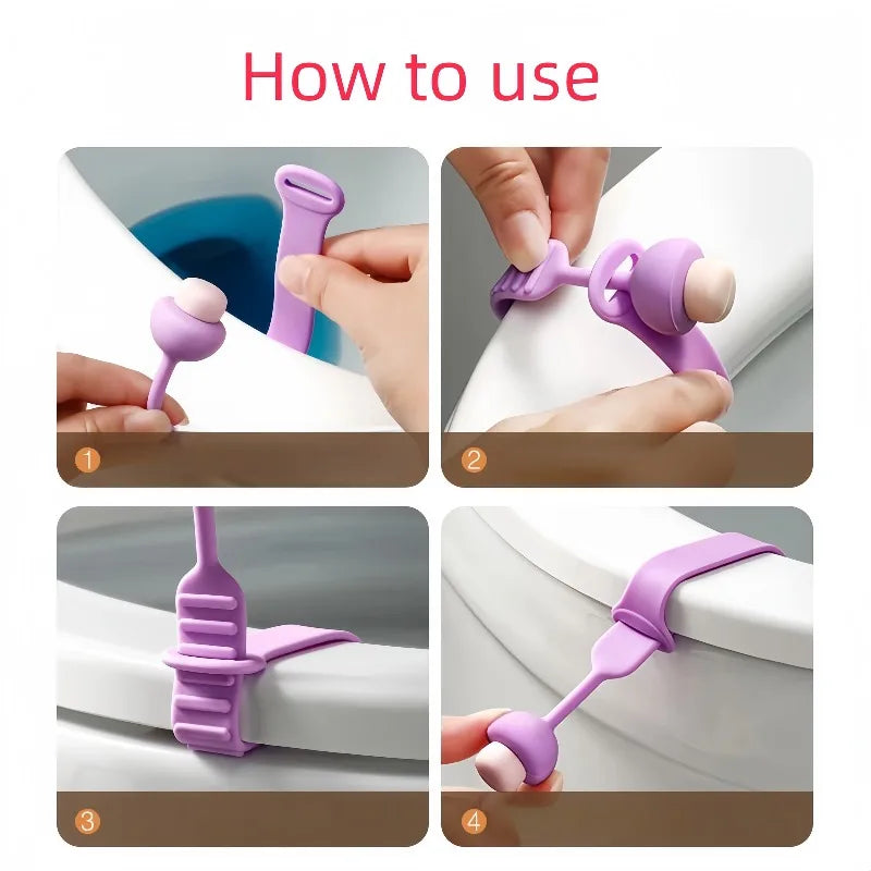 Four steps showing how to use a silicone toilet seat lifter ring opener tool.