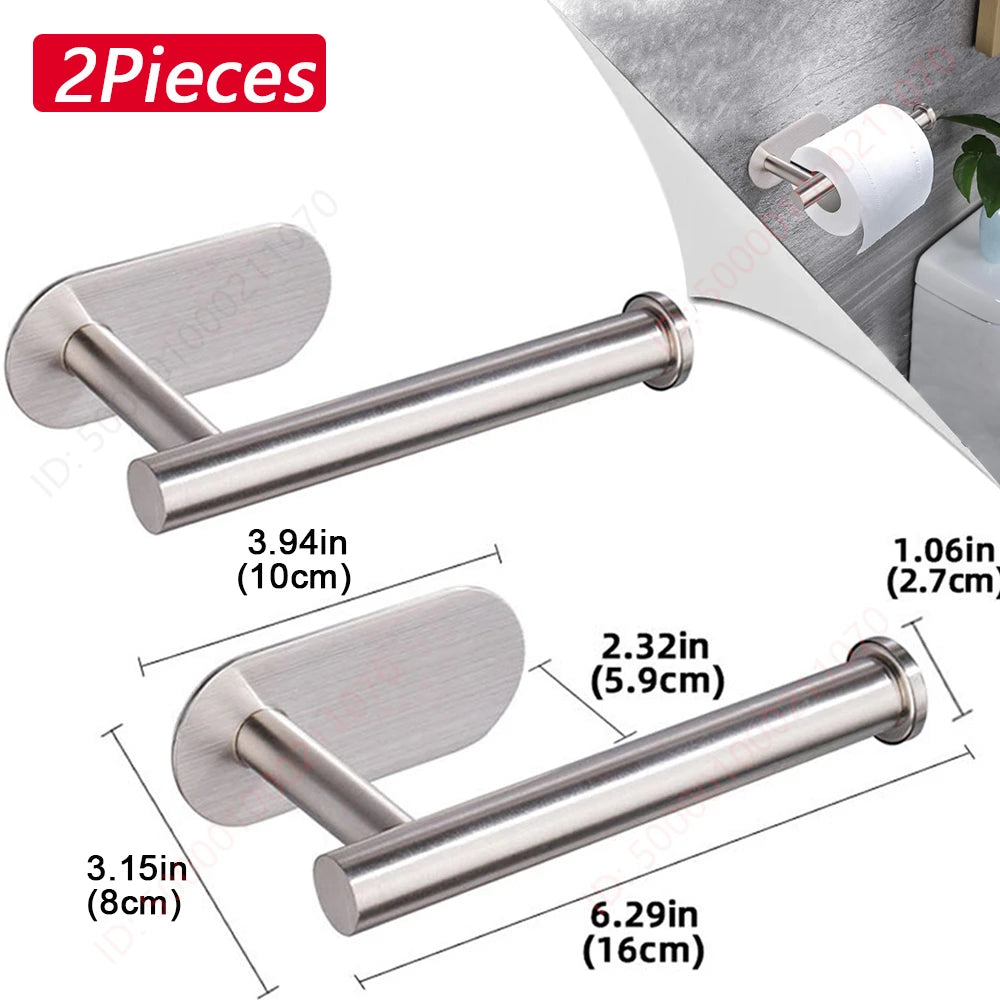 Two stainless steel adhesive paper dispenser racks shown with dimensions and installation view.