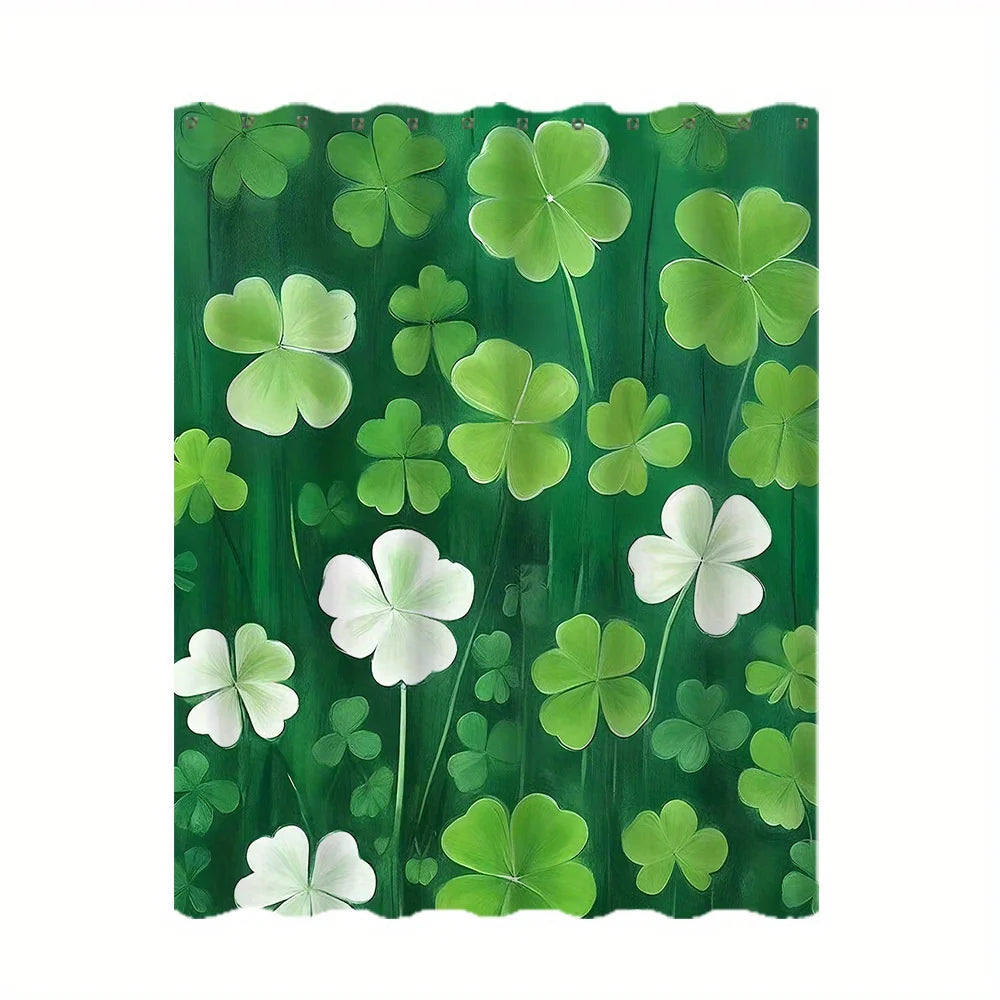 A vertical shower curtain featuring a vibrant tropical garden design with green leaves and white clover shapes.