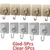 A set of five clear and gold self-adhesive rotating wall hooks for storage.