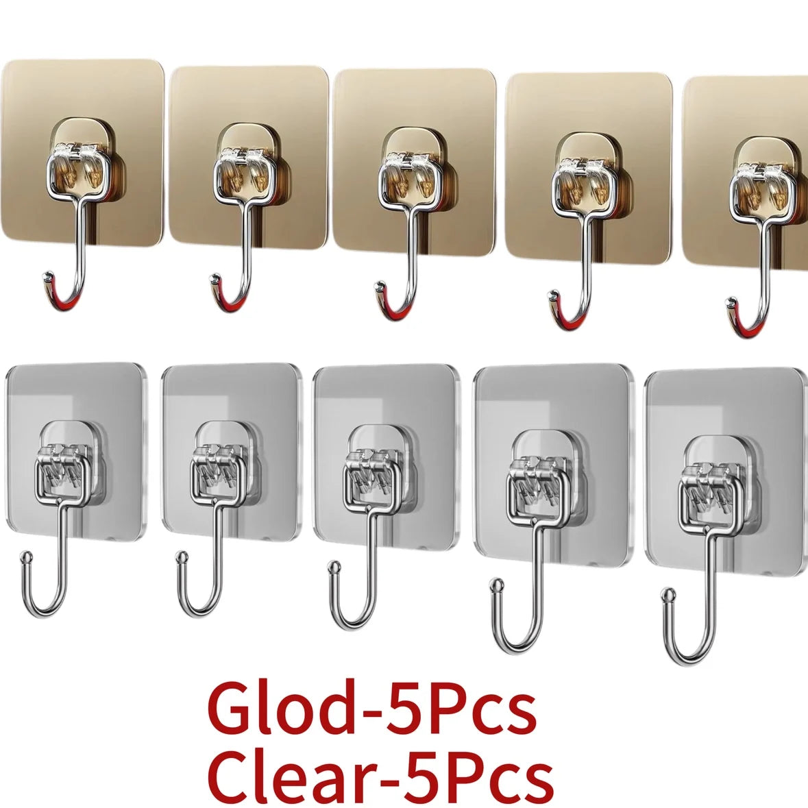 A set of five clear and gold self-adhesive rotating wall hooks for storage.