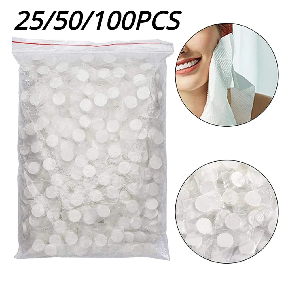 Bag of disposable compressed travel towels in various quantities 25/50/100 pieces