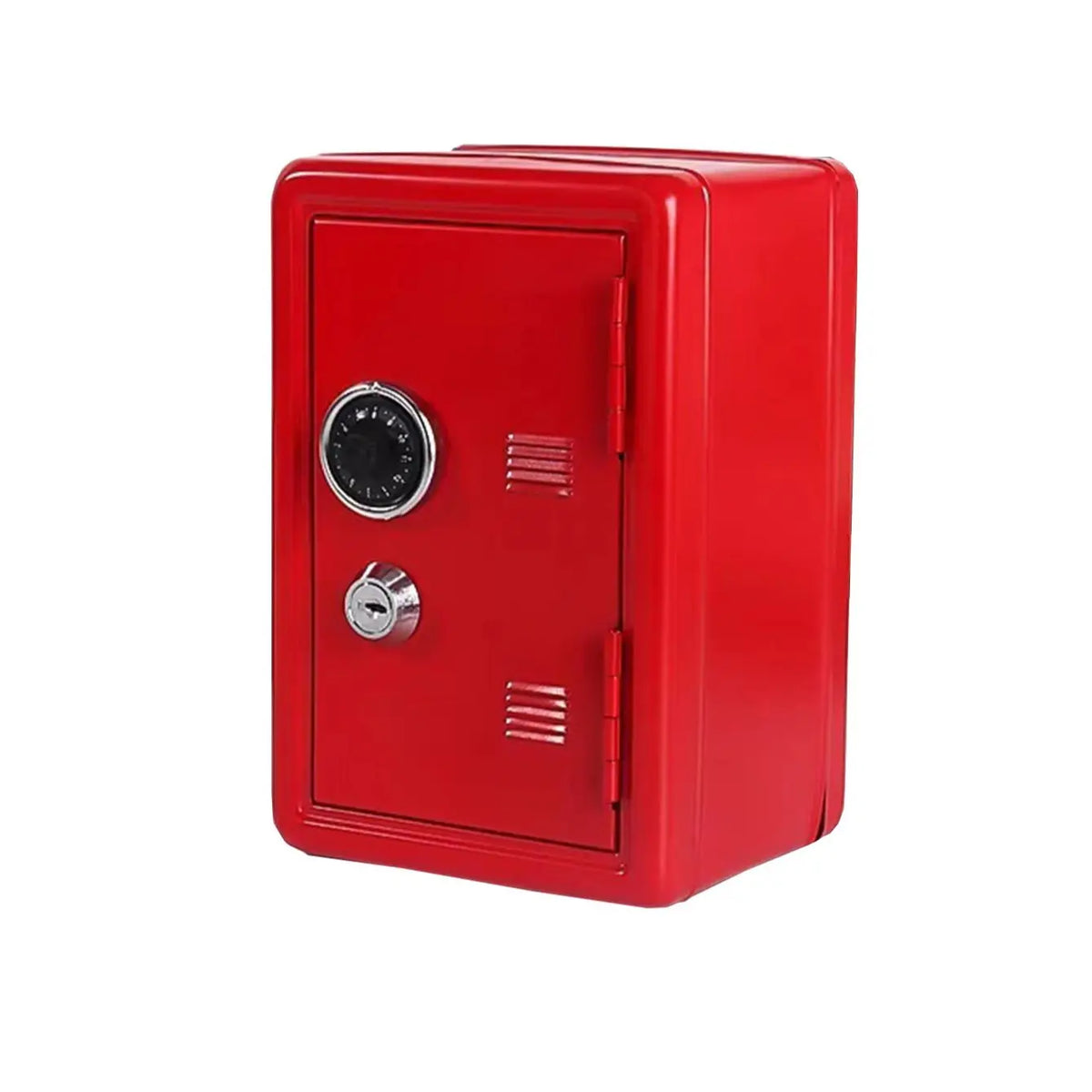 A red metal piggy bank with a combination lock and a latch.