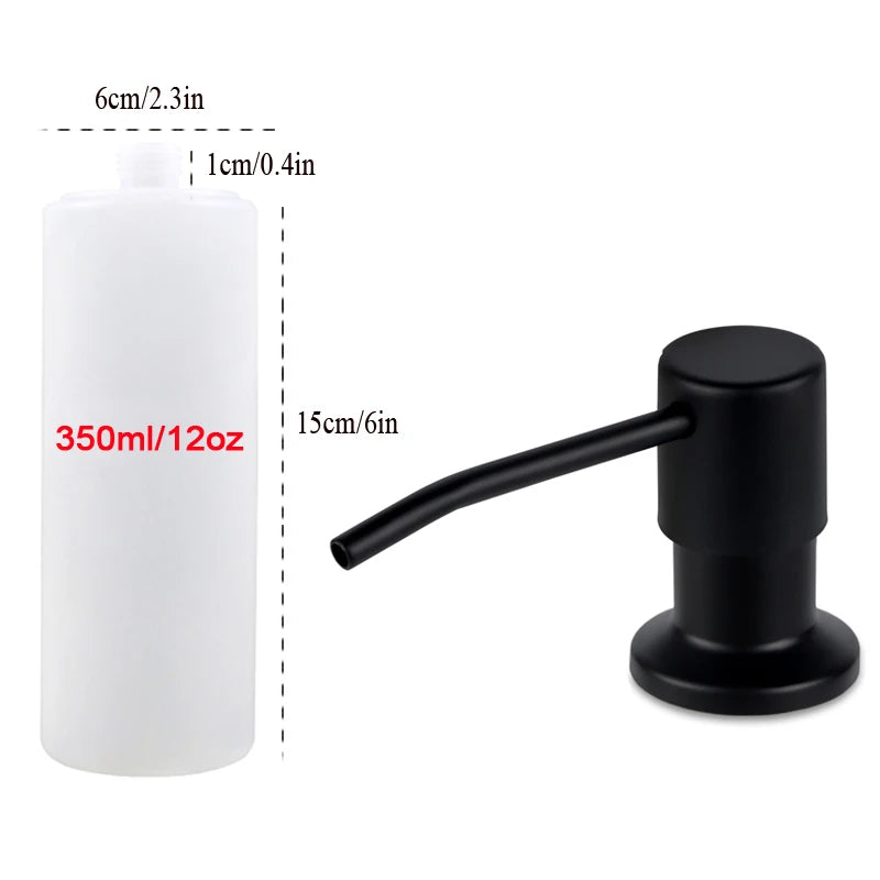 White under-sink kitchen soap dispenser with a black pump and measuring markings.