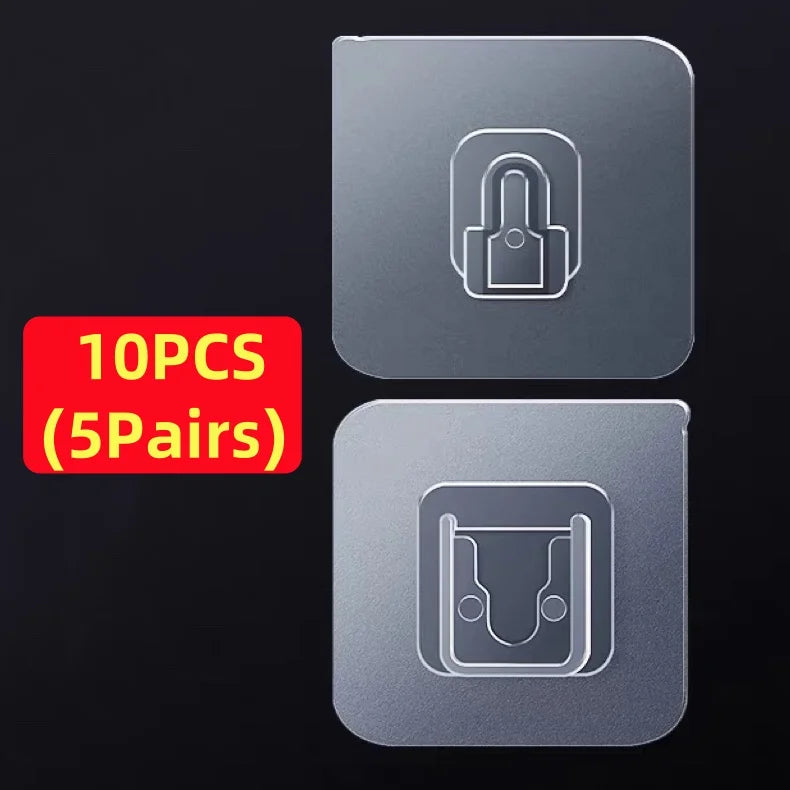A set of ten double-sided adhesive wall hooks, showing two different hook designs.