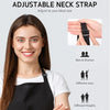 A woman models an adjustable neck strap, demonstrating how to adjust the size for men and women of different sizes and height
