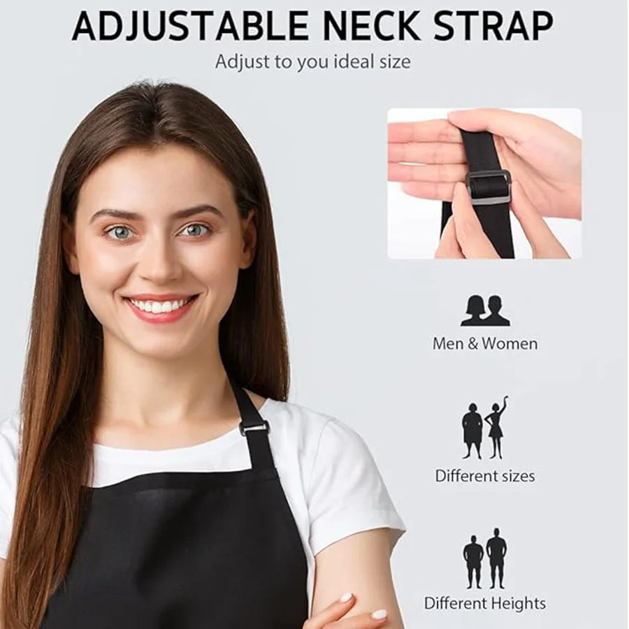 A woman models an adjustable neck strap, demonstrating how to adjust the size for men and women of different sizes and height