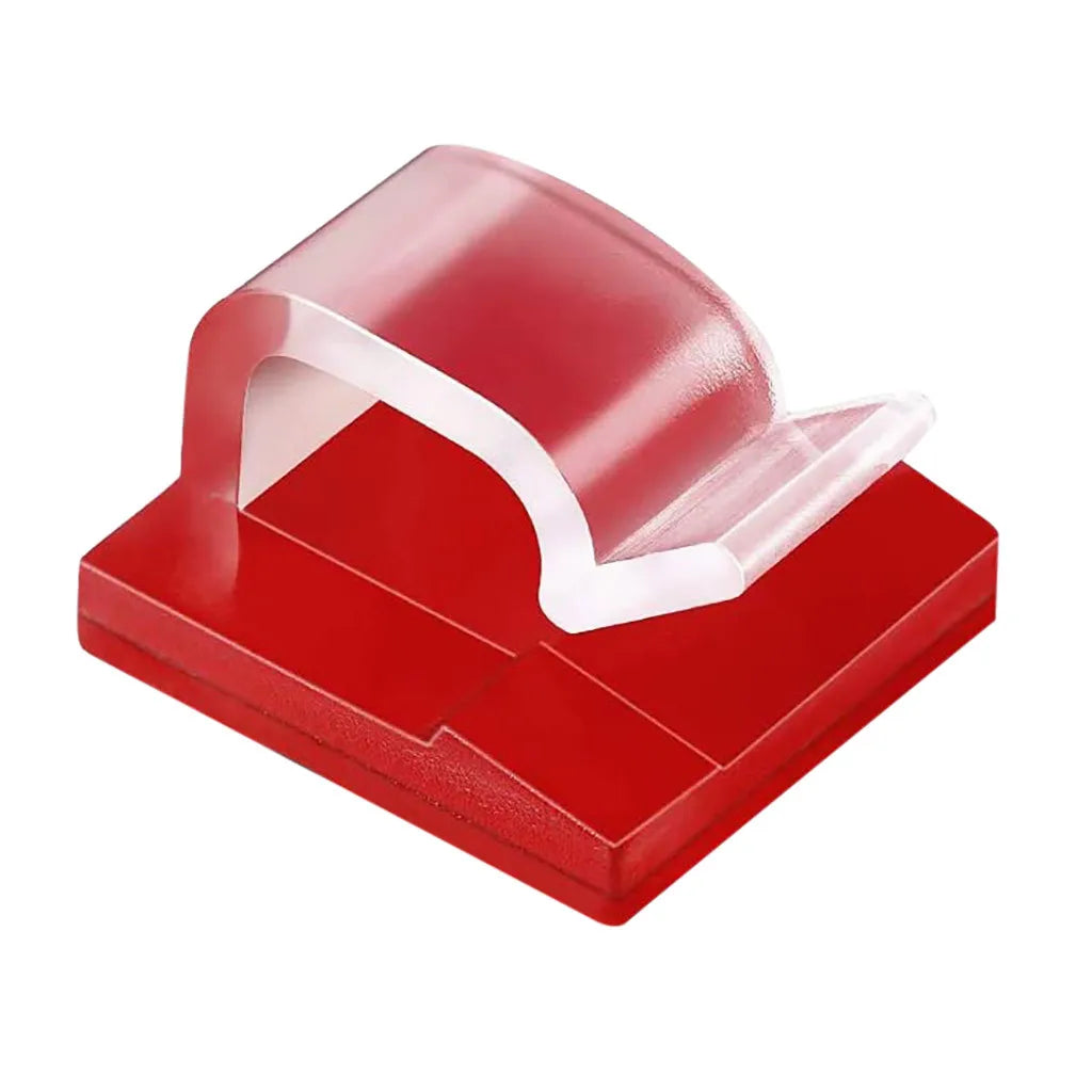 A red cable organizer clip and holder with a white plastic component, shown from above.