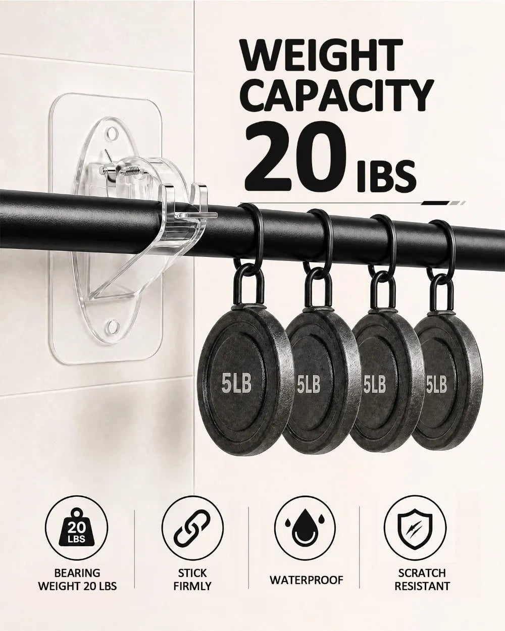 Black curtain rod brackets with 5lb capacity and various features like waterproof and scratch resistant.