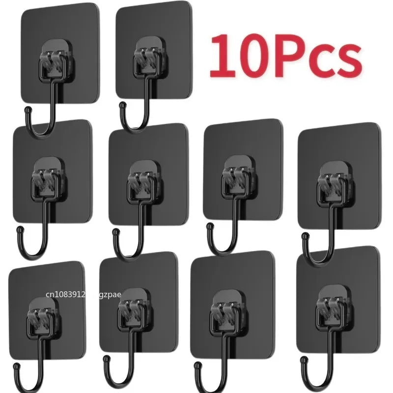 Ten black self-adhesive rotating wall hooks for strong, waterproof storage.