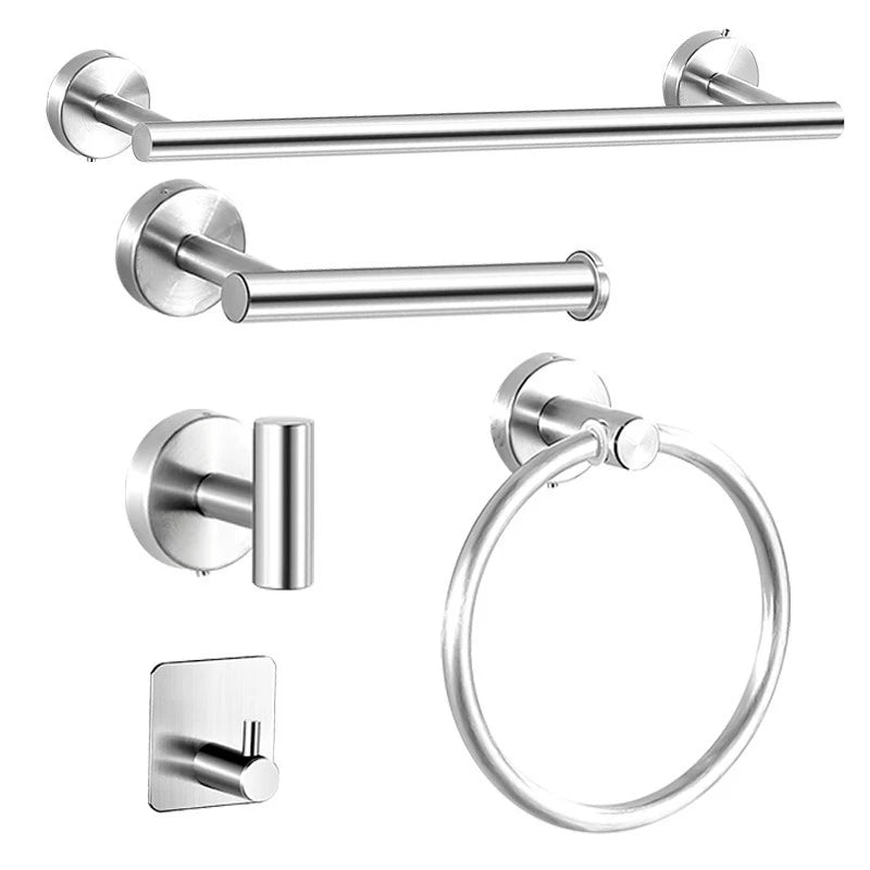 Heavy duty stainless steel towel rack featuring a horizontal bar and a circular ring hook.