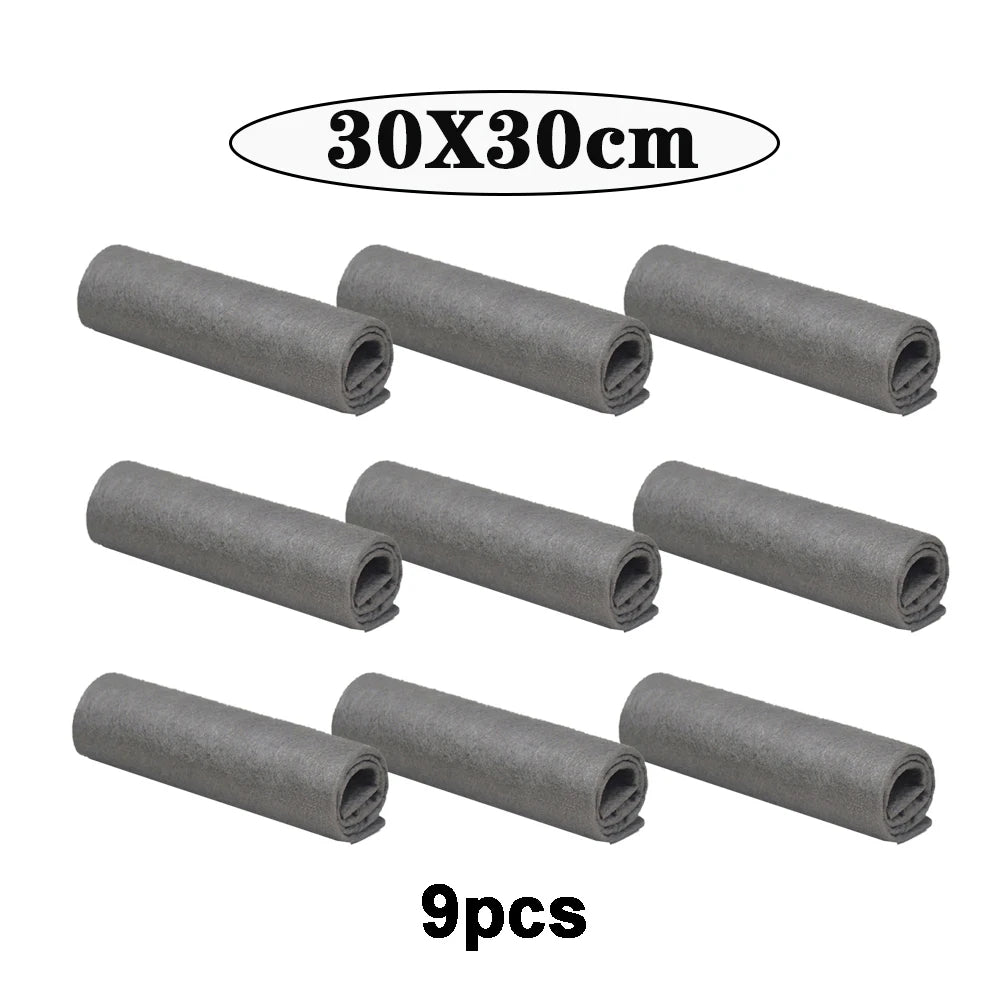 Nine rolls of gray thickened microfiber cleaning cloths, each measuring 30x30cm.