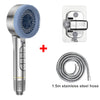 A silver high pressure shower head with a detachable hose and a wall mount adapter.