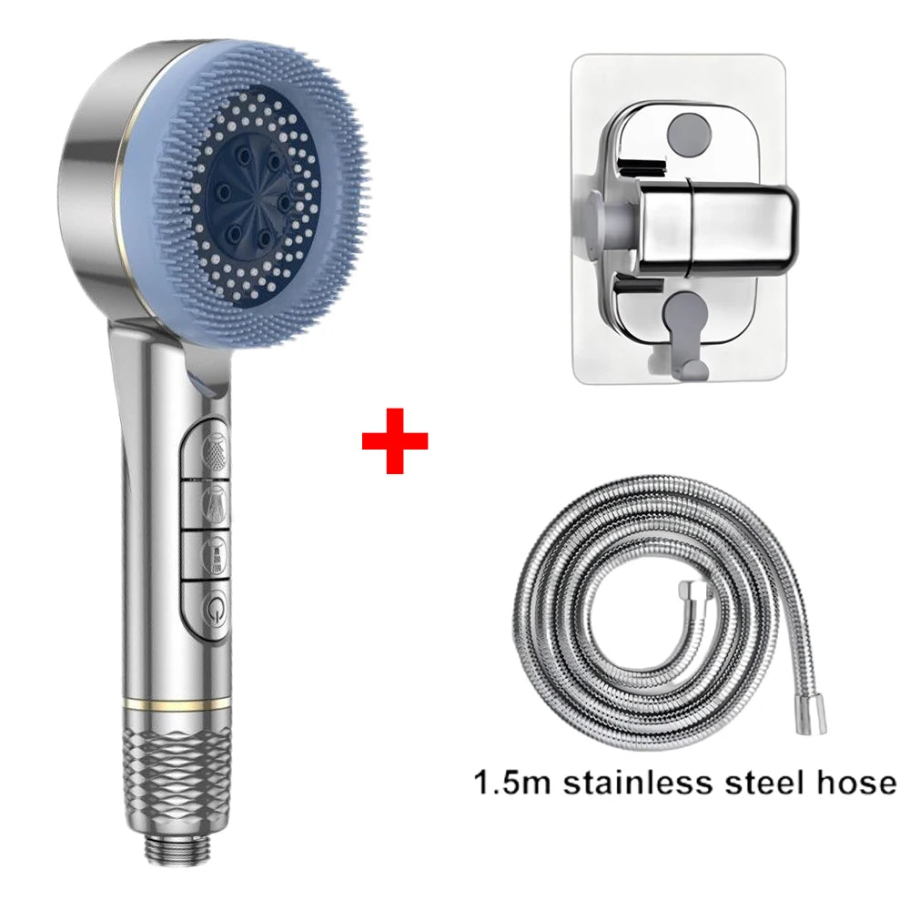 A silver high pressure shower head with a detachable hose and a wall mount adapter.