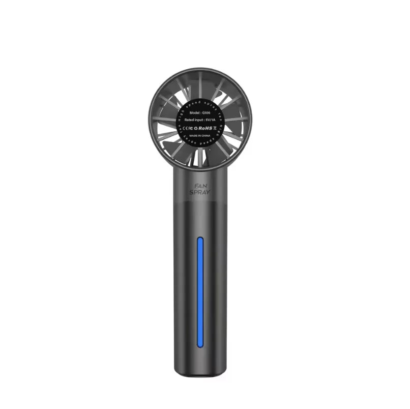 A black portable handheld cooling fan with a circular grille and a blue accent line.