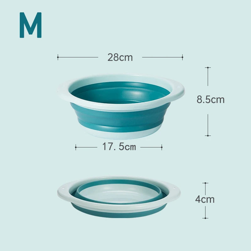 Recipiente portátil plegable de lavandería color verde azulado, mide 28cm de largo y 8.5cm de alto.