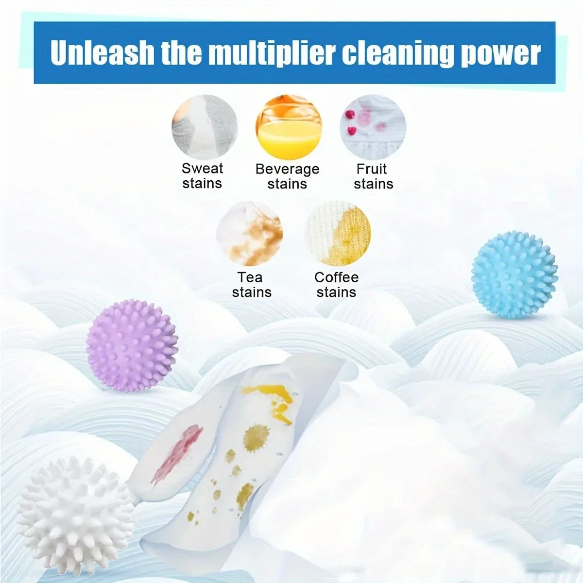 Reusable silicone laundry balls demonstrating their multiplier cleaning power on stains.