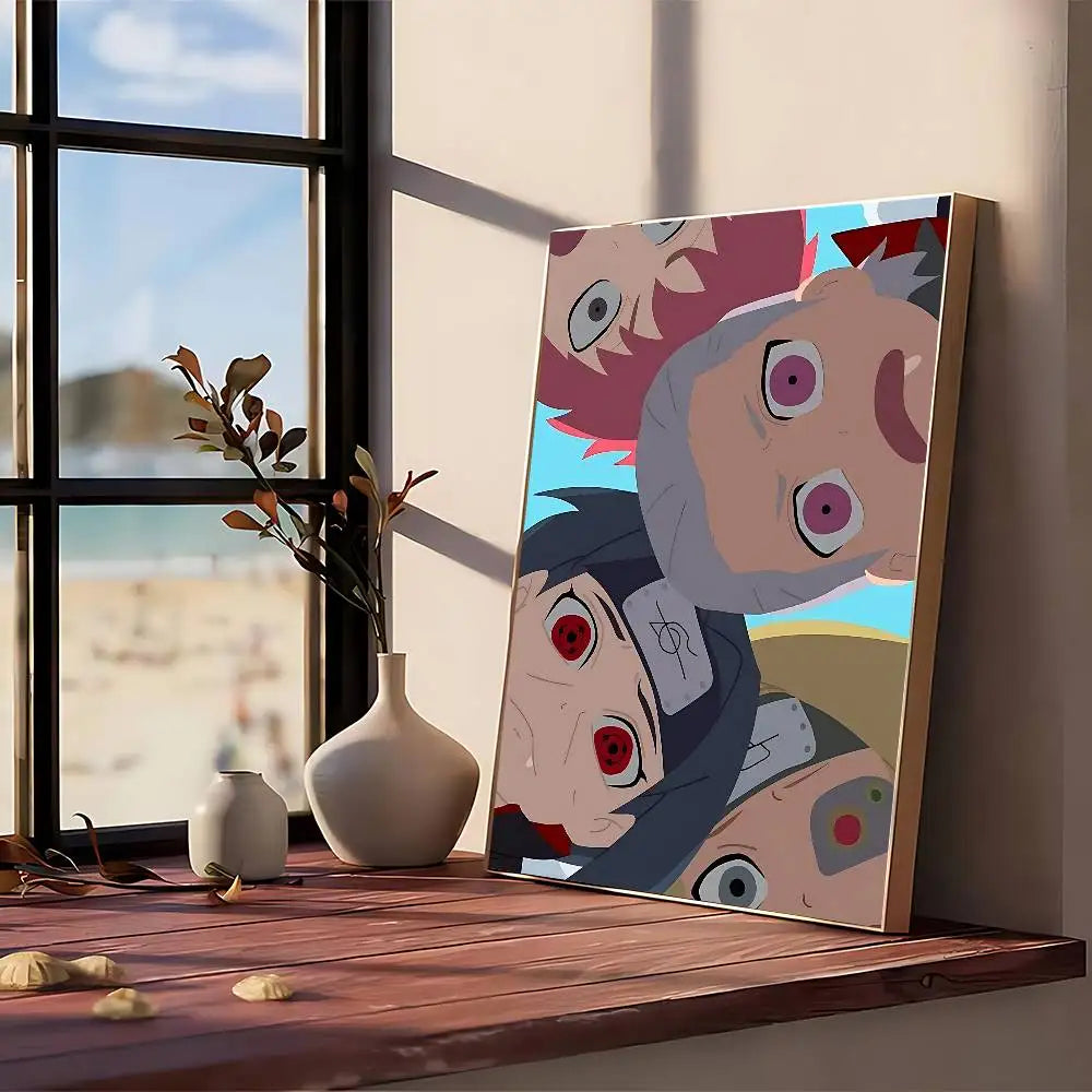 A vertical canvas art poster featuring stylized, abstract faces in muted pinks and blues displayed on a wooden shelf.
