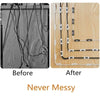 Before and after comparison showing messy cables before and organized cables using heavy duty self-adhesive clips
