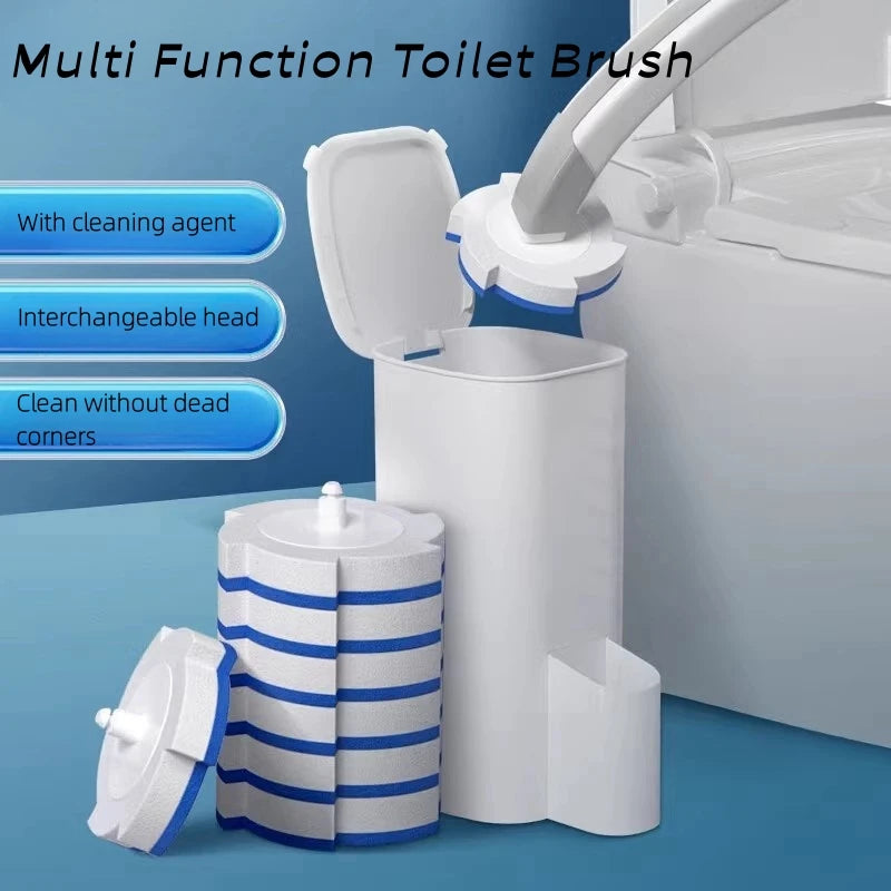 A multi-function toilet brush kit showing a brush, interchangeable heads, and cleaning agent inside a white dispenser.