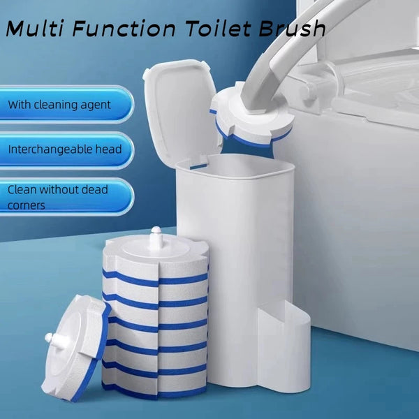 A multi-function toilet brush kit showing a brush, interchangeable heads, and cleaning agent inside a white dispenser.