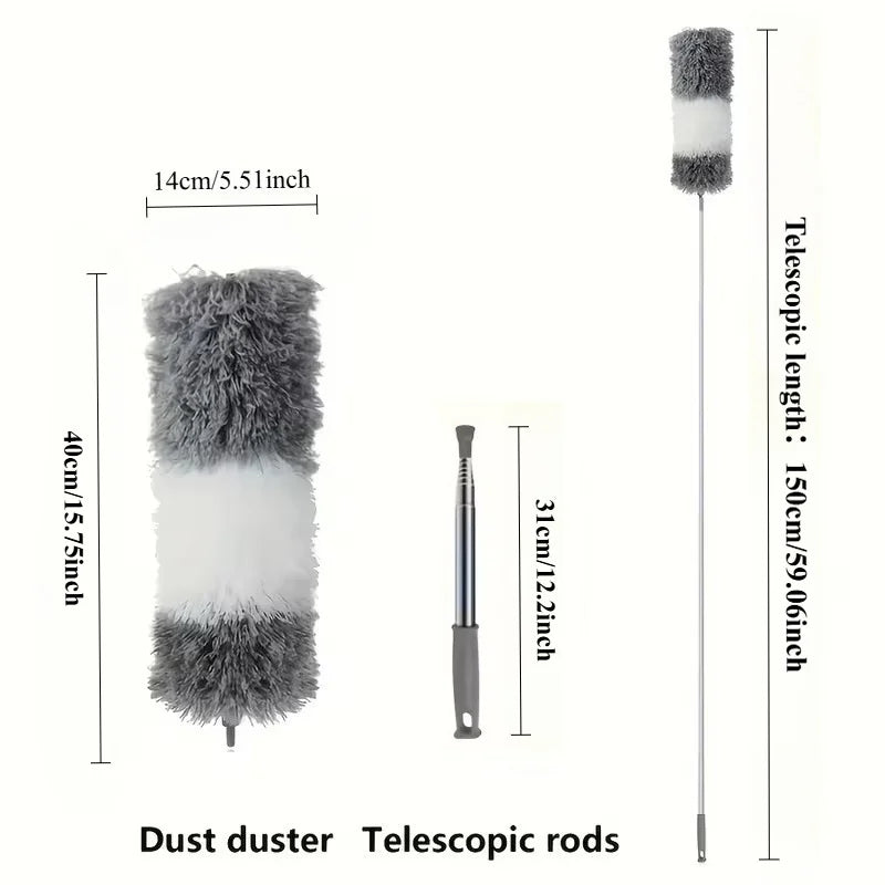 A gray and white microfiber dust duster with a telescopic rod shown in various views.