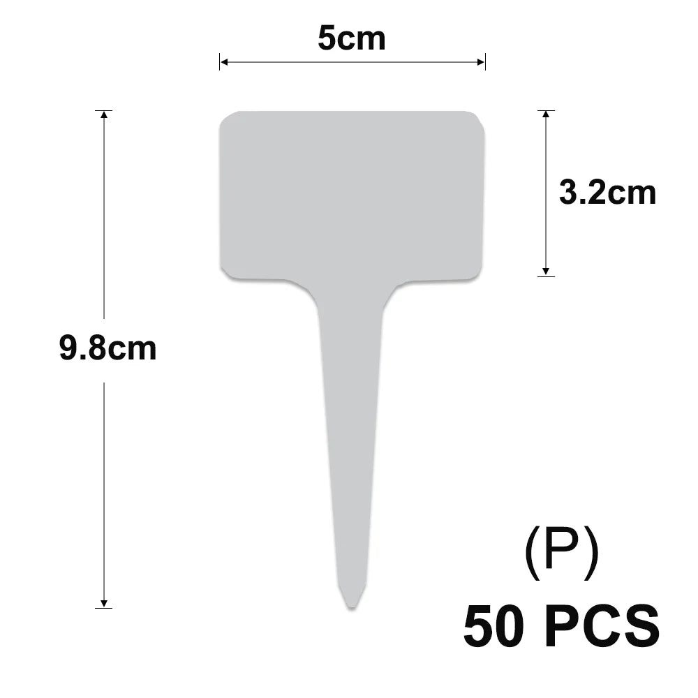 A gray T-shaped plant marker with a flat top and a pointed bottom, measuring 9.8cm high.