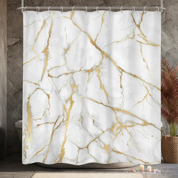White marble pattern with gold veining shower curtain hanging on a rod