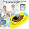 Yellow anti deformation washing bag for shoes shown next to a woman and child.