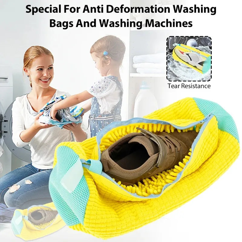 Yellow anti deformation washing bag for shoes shown next to a woman and child.