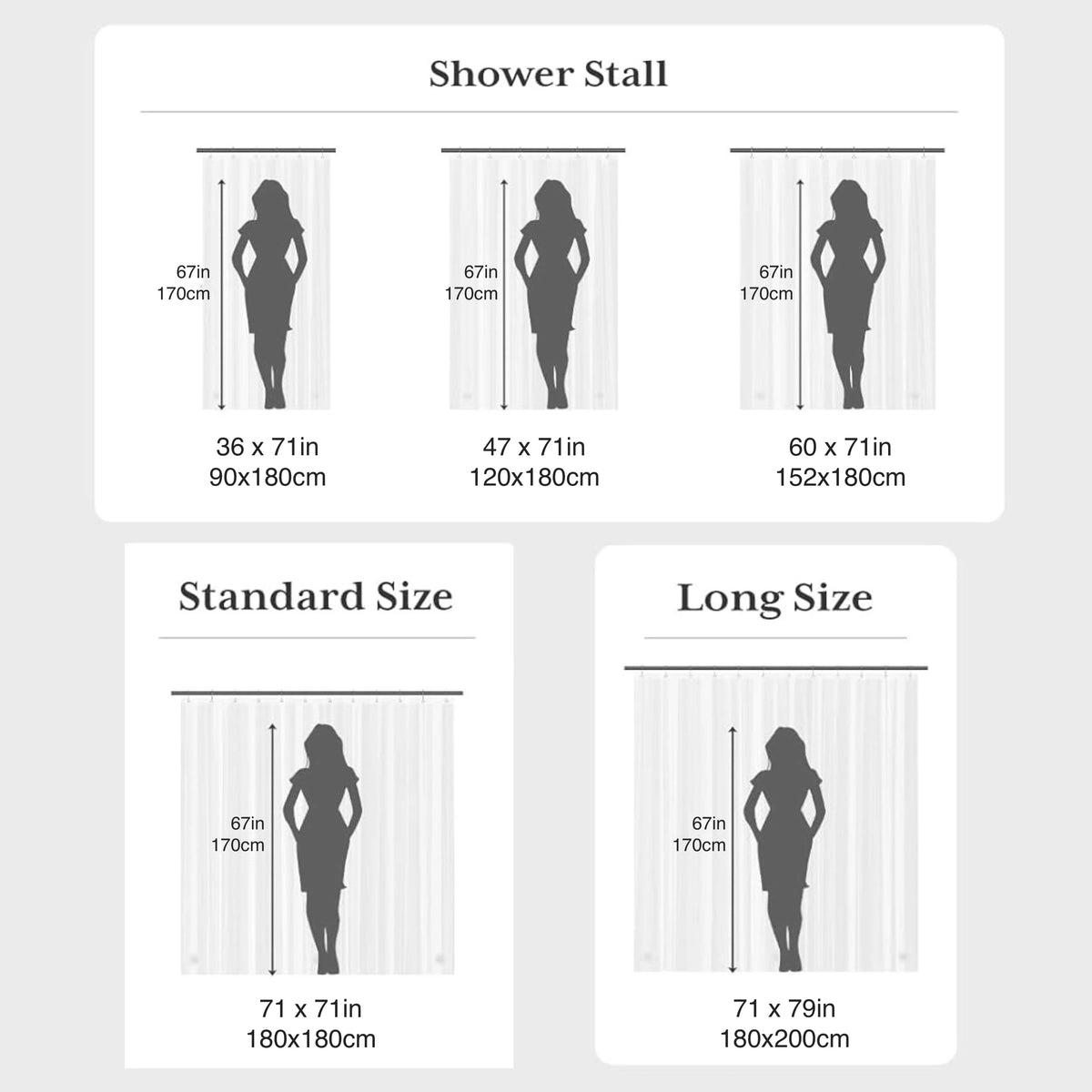 Diagrammes montrant les dimensions et l'ajustement d'une cabine de douche, y compris les tailles standard et longues.