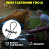 A person is using wire fastening tools to secure a large orange fabric structure outdoors.