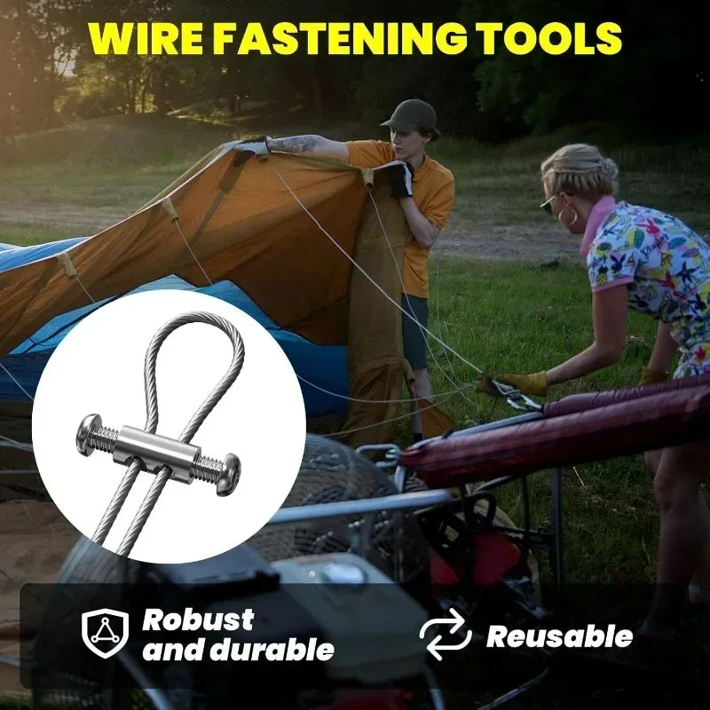 A person is using wire fastening tools to secure a large orange fabric structure outdoors.