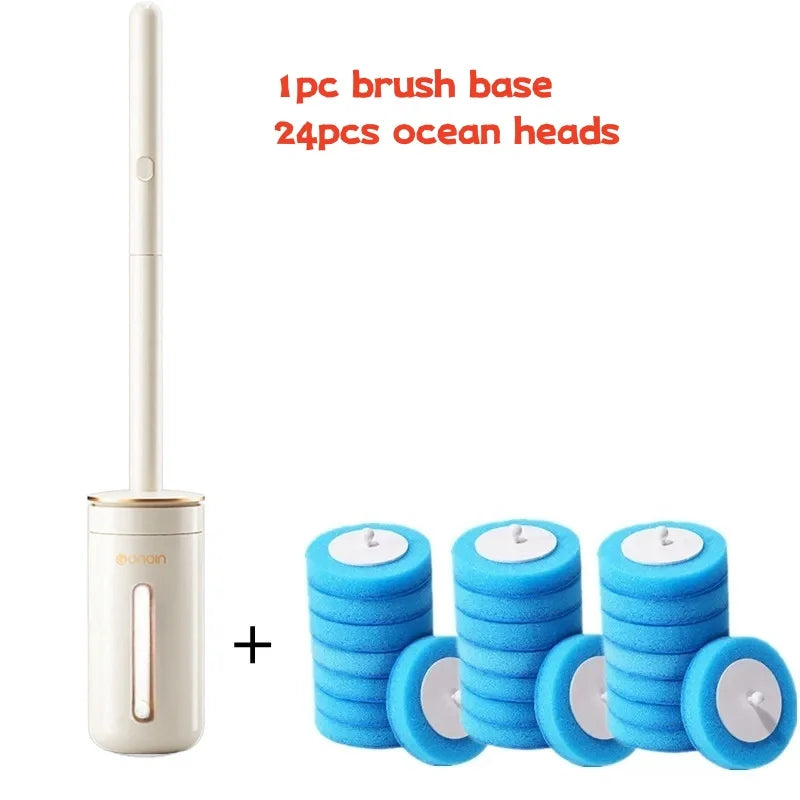 A set of disposable toilet brush heads and a brush base for cleaning.