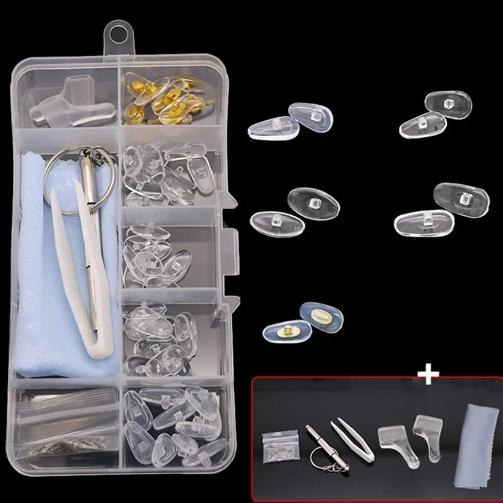 A precision glasses repair kit containing various tools, including pliers, screwdrivers, and glass components.