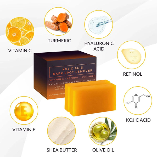 A collection of ingredients for Kojic Acid Dark Spot Remover including turmeric, hyaluronic acid, retinol, vitamin C, vitamin