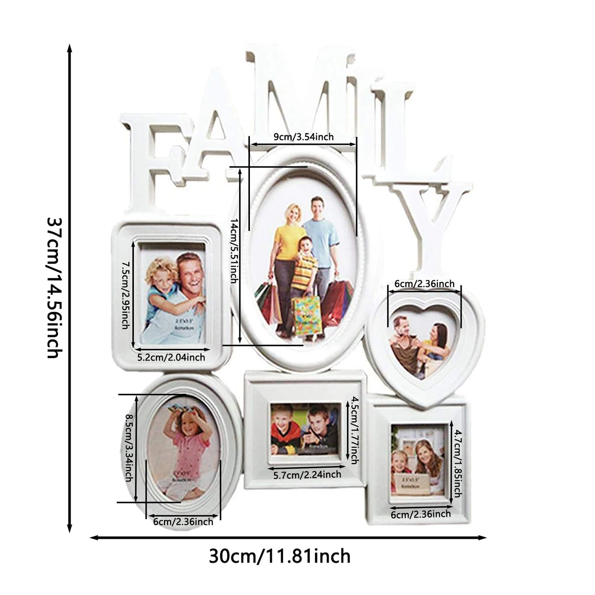 Décor mural en bois blanc avec lettres découpées 'FAMILY' et photos encadrées.