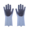 A pair of light gray silicone dishwashing gloves with textured fingertips are shown against a white background.